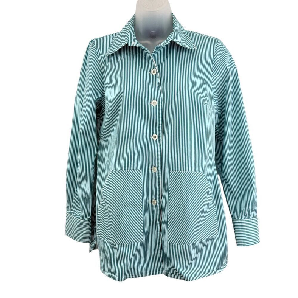 Nina McLemore Womens 2 Shirt Jacket Green White Striped Cotton Blend